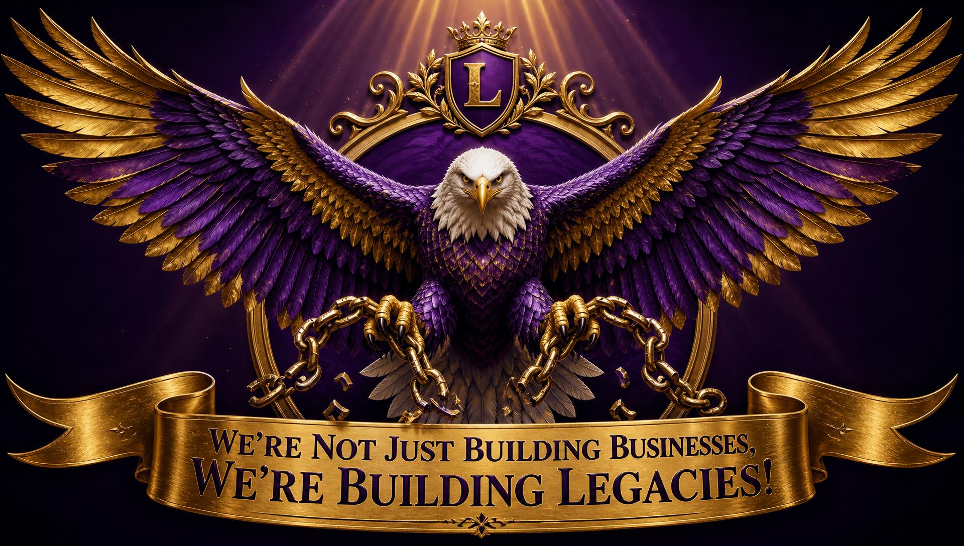Freedom Legacy Elevation Group emblem: a purple and gold eagle breaking chains above a banner reading We're Not Just Building Businesses, We're Building Legacies!